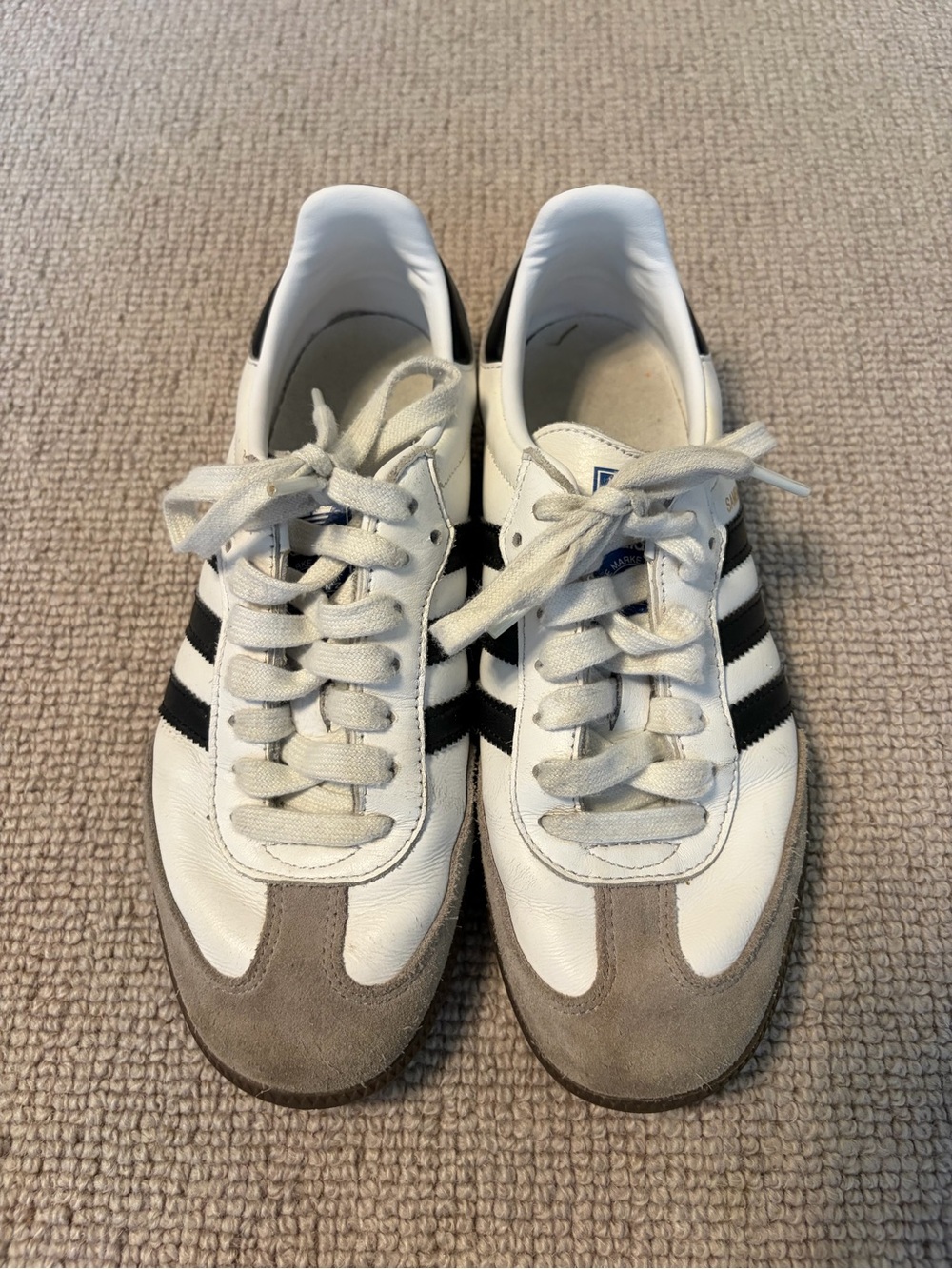 Adidas White Samba Sneakers with Black Stripes and Gray Suede Toe (size W6)